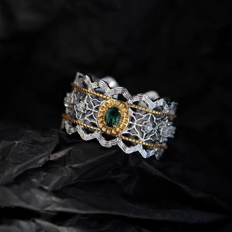 Elegant Luxury Style Open Adjustable Copper Ring For Women With Green Diamonds