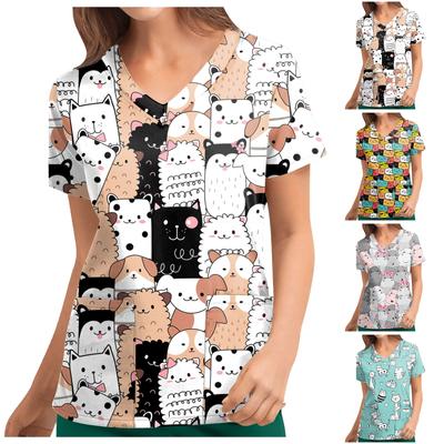 Women's T-shirts Personalized Cute Print Short Sleeve V-neck Top Work Uniform Pocket Tops