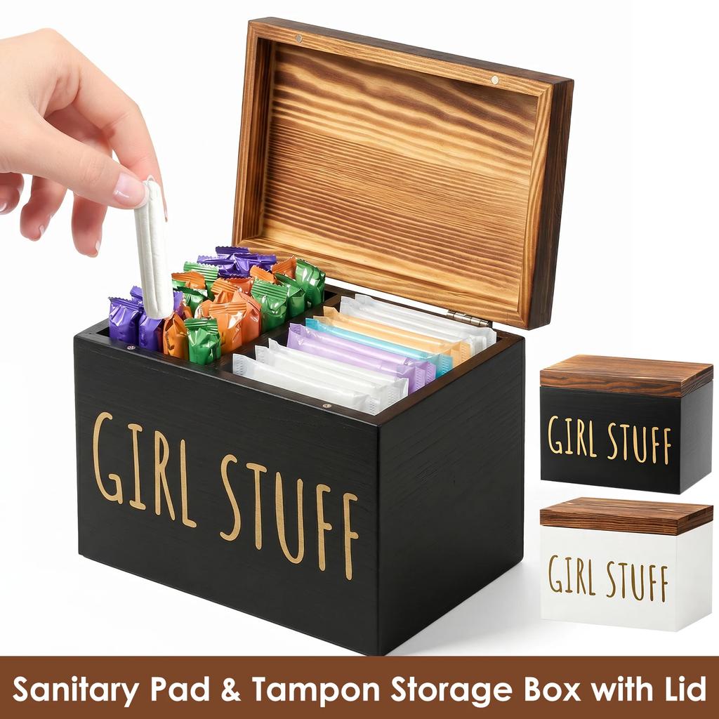 Wooden Tampon Holder Container Feminine Product Storage Box with Lid Multi-purpose Sanitary Napkin Organizer Box for Bathroom