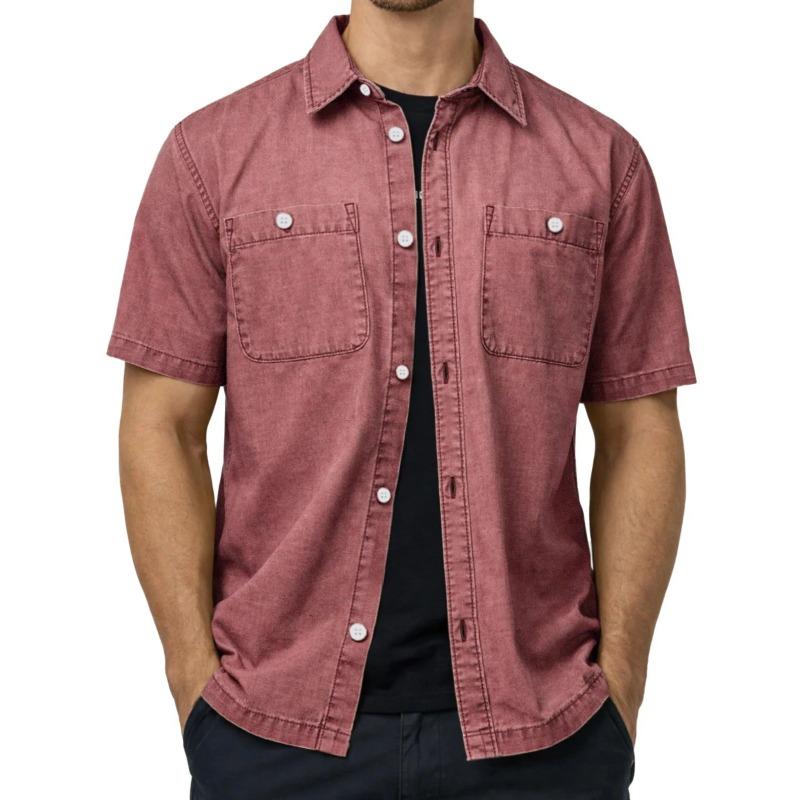Mens Black Denim Short Sleeve Shirt Turn-down Collar Casual Loose Fit Button Down Top
