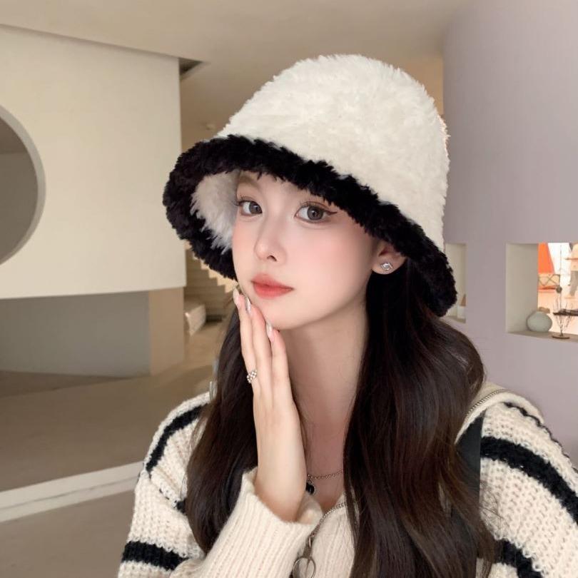 Autumn and winter hat women's plush bucket hat women's face small knitted basin hat winter warm bucket hat