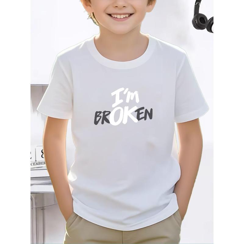 Europäische Größen [Gedrucktes Design - Nicht strukturiert] Rundhals Jungen T-Shirt Lässig Trendig Ich bin kaputt Slogan Muster Kinderbekleidung für Jungen