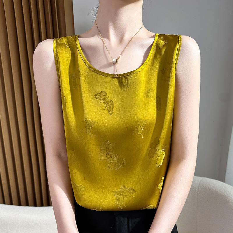 Acetate Satin Round Neck Printed Vest for Women In Summer Simple Smooth and Versatile Sleeveless Suspender Soft and Comfortable Top