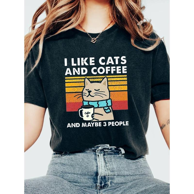 

Short-Sleeve T-Shirt with Letter Print Kitten Pattern, Printed Short Sleeves, Stylish and Comfortable, European Size Blouse 4XL чорний