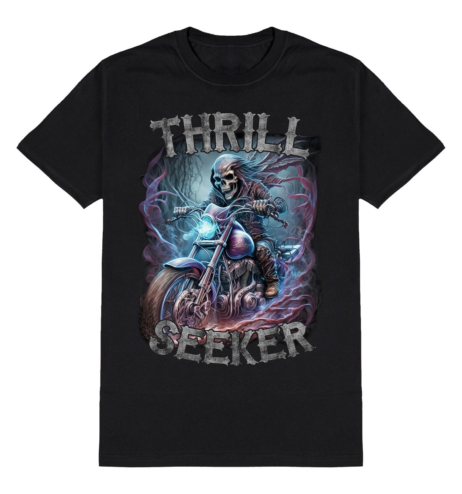 Mens BIKER T-Shirt Mens Womens Tees Top Thrill Seeker SKELETON Motorcycle Bike Motorbike Chopper Goth 4XL