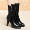 7cm 9cm Fashion Comfortable Soft Leather Boots Platform Shoes Winter  Mid Calf Block High Heels Fur Plush Boots Office Mom