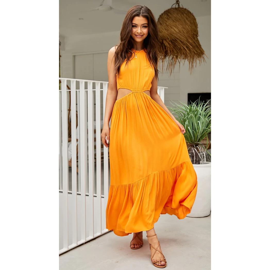 

European and American spring and summer new models, small fresh temperament neck color long sexy waist dress S жёлтый