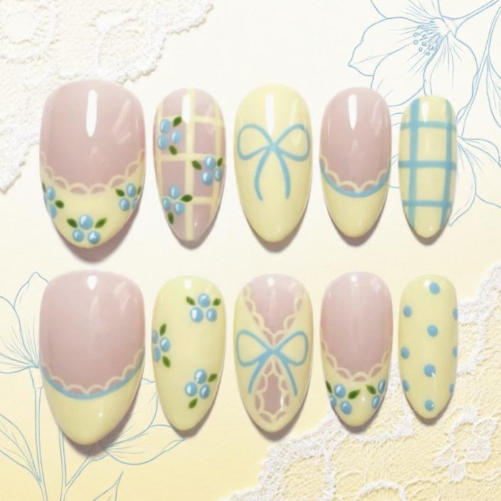 French Style Yellow Chick & Cream Bow Plaid Press-On Nails with Polka Dots - Cute & Sweet Design