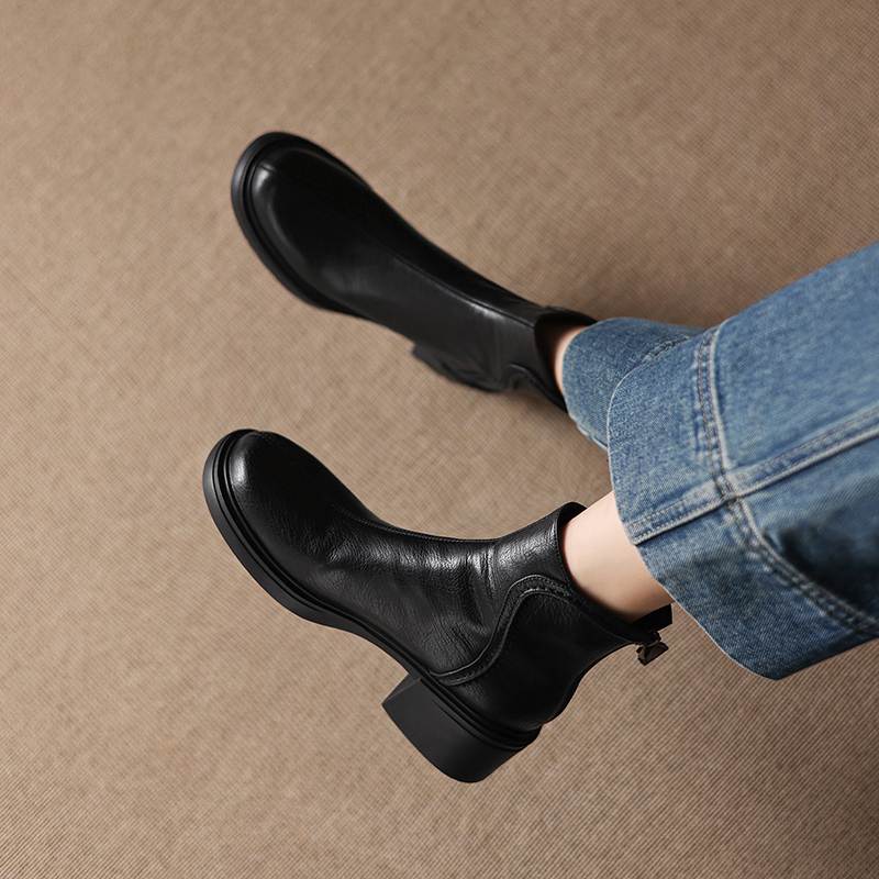 Krazing Pot Cow Skin Round Toe Thick Heels Chelsea Boots Size 42 Back Zip Women Keep Warm Ankle Boots