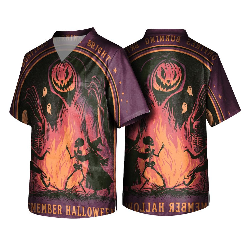 Men's Halloween Print V Neck Pocket Scrub Top Short Sleeve Medical Uniform Shirt for Healthcare Professionals