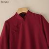 ZANZEA Women Print Splice 3/4 Sleeve Casual Stand Collar Loose Blouse