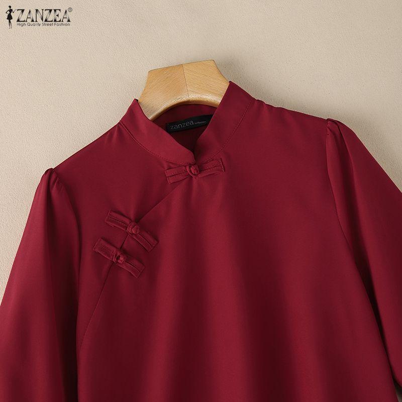 ZANZEA Women Print Splice 3/4 Sleeve Casual Stand Collar Loose Blouse