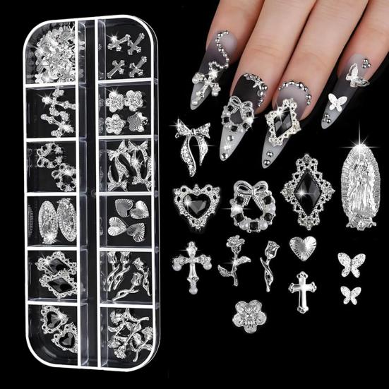 1 Set 3D Nail Art Charms 12 Grids Metal Love Heart Flower Butterfly Charms DIY Nail Design Crafting Manicure Decoration Accessories