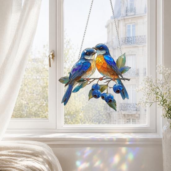 Red Bird Sun Catcher, 2D Acrylic Bird Hanging Decoration, Stained Glass Style Bluebird Suncatcher for Indoor Window Front Porch Decor