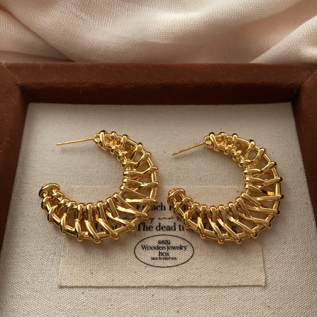 Unique Woven Texture Metal Ring Earrings Earrings Three-dimensional Retro Exquisite Design Earrings