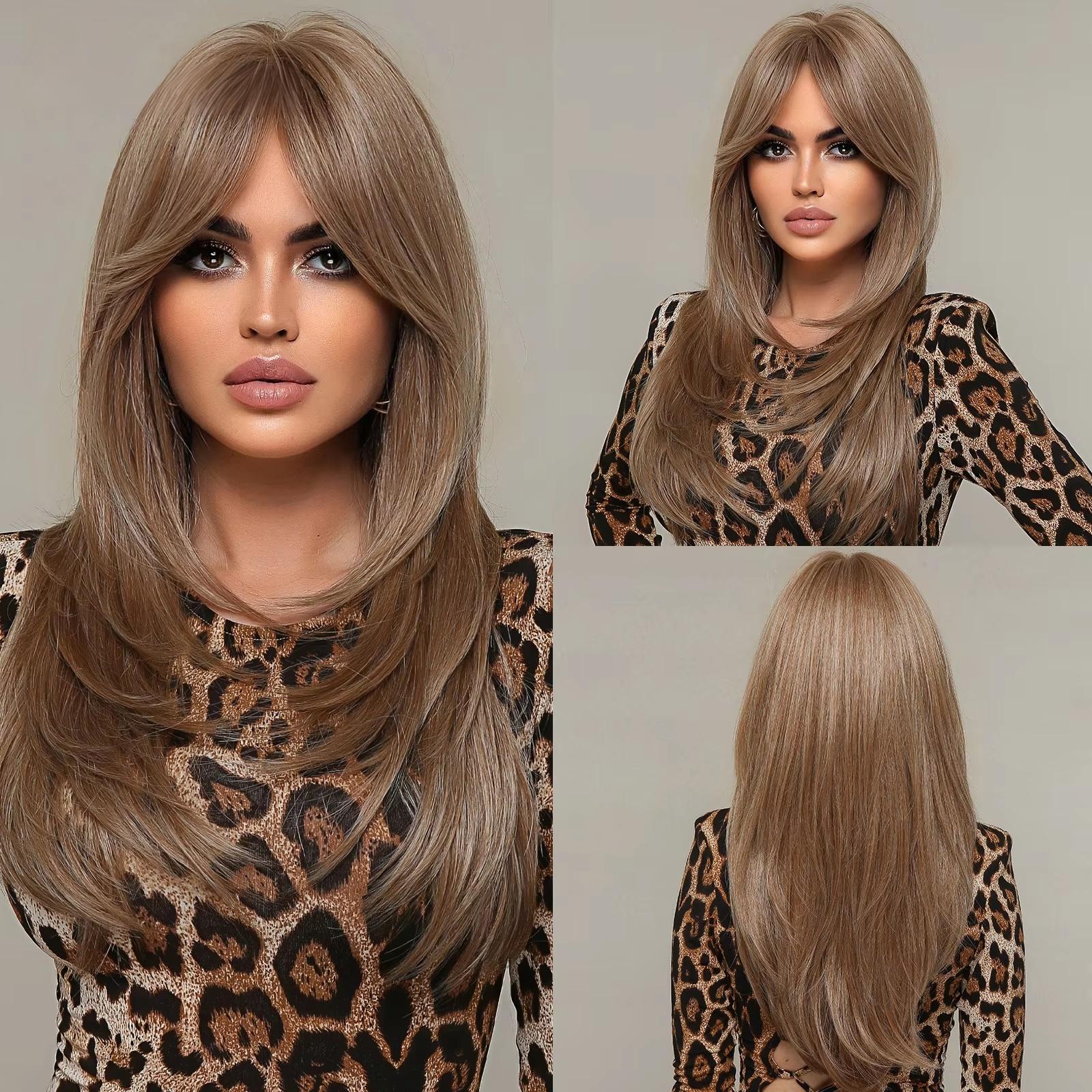 Heat Resistant Fiber Wavy Straight Hair Bangs European American Style Intellectual Trendy Women Machine-made Golden Daily Use (as the picture,22 )