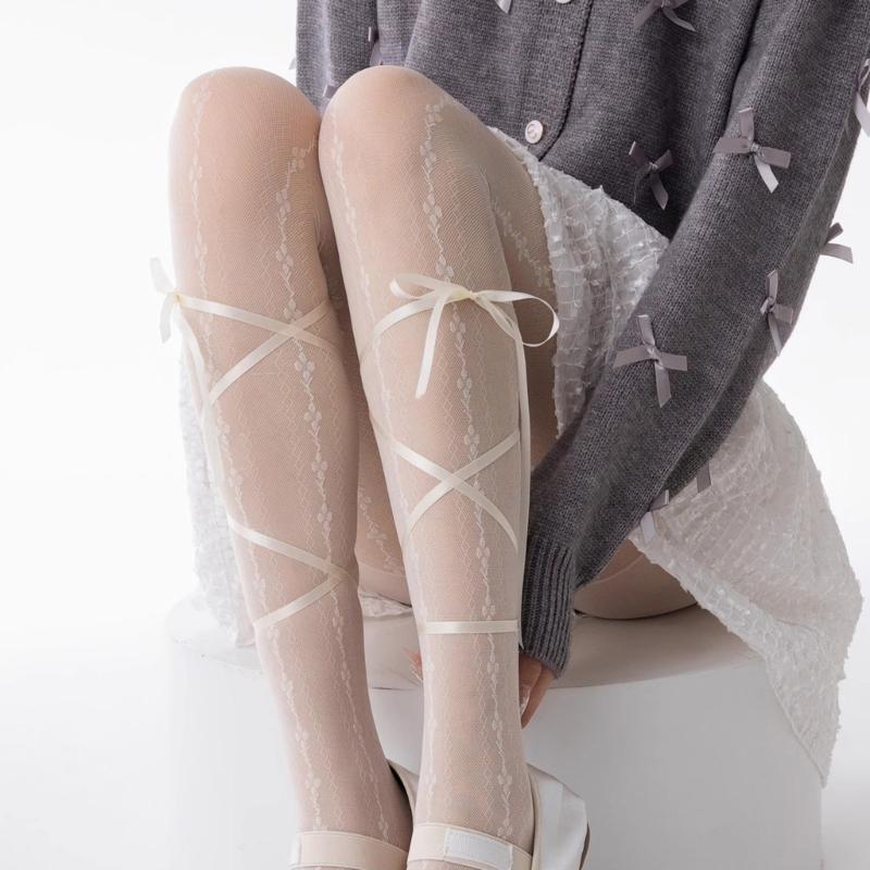 Women Japanese Style JK Sweet Ribbon Bowknot Silk Tights Stockings Sweet Crisscross Ties Bandages Spliced Pantyhose