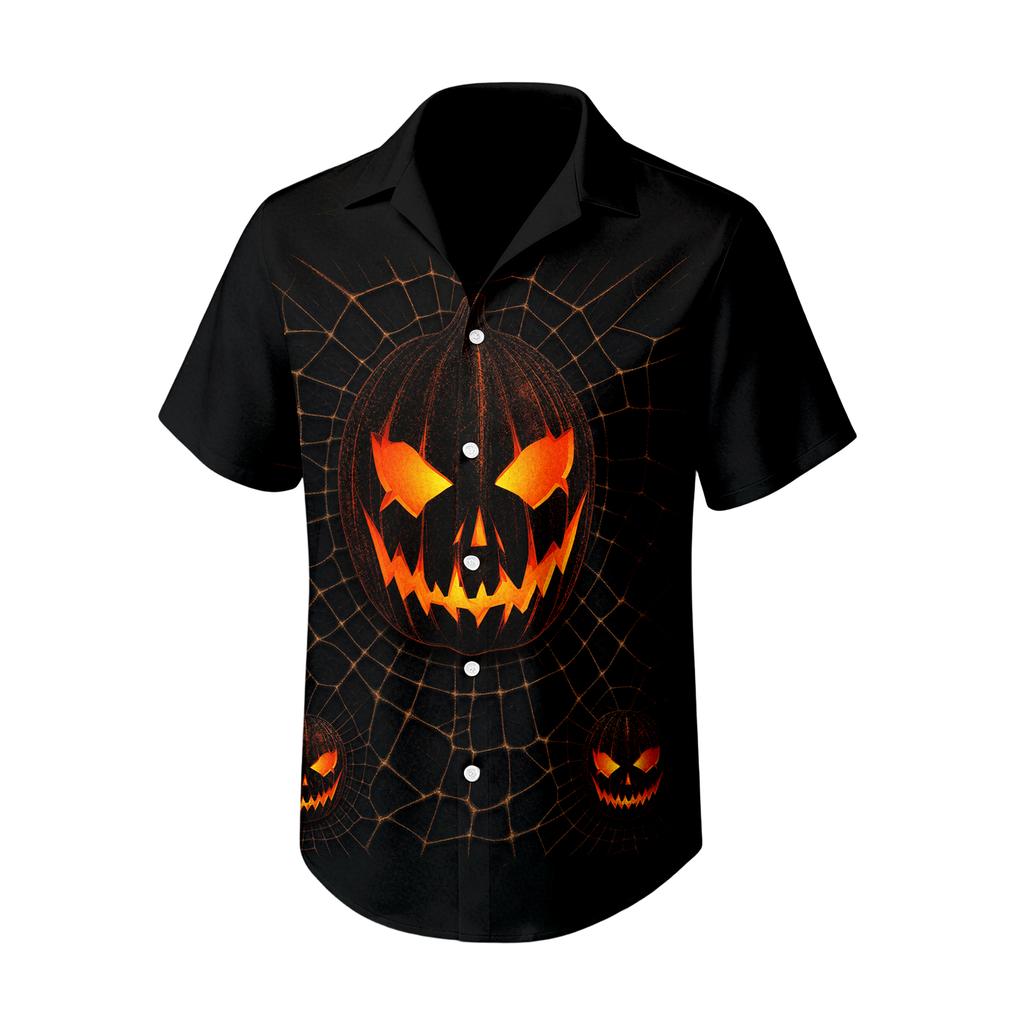 Men's Casual Short Sleeve Halloween Print Button Down Shirt