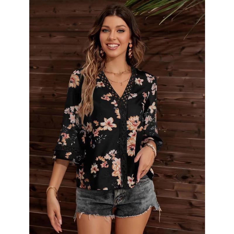 Women's Summer New Loose Type V-neck Temperament Commuter Flare Sleeve Lace Blouse Chiffon Shirt