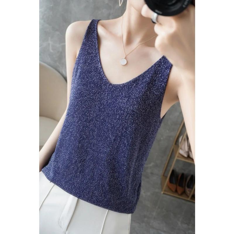Women's Black Glitter V-Neck Tank Top Sleeveless Slim Fit Casual Camisole