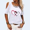 Women Fashion Off Shoulder T-shirt Summer Round Neck Short Sleeve Tee Top Pullover Ladies Casual Heart Shape Print T-shirt