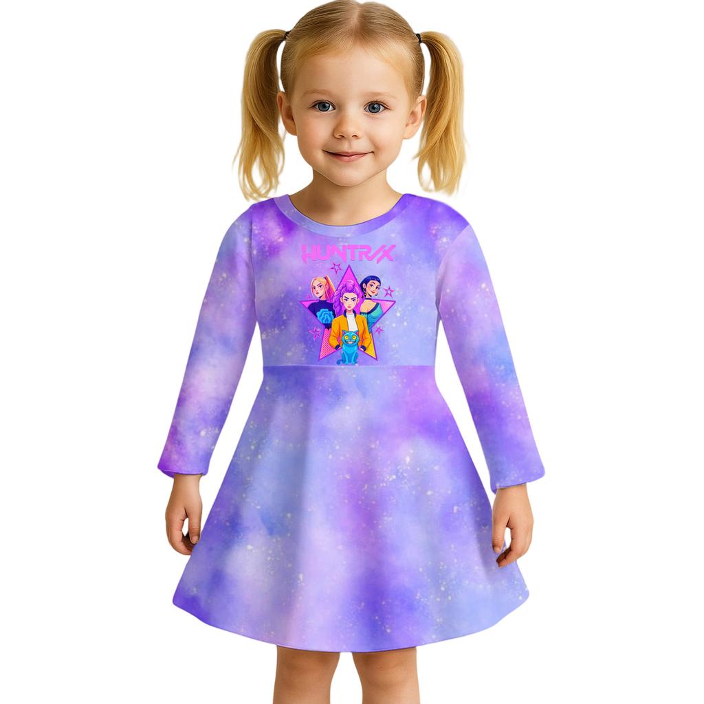 Kids Girls Casual Daily Dress Cute Cartoon Print Long Sleeves Dance Wear Princess Dress  2-12 Years