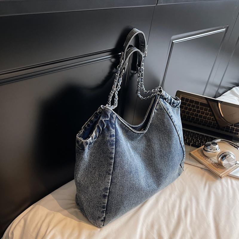 Large Capacity Tote Bag Women's Commuter Denim Shoulder Bag Chains Bag