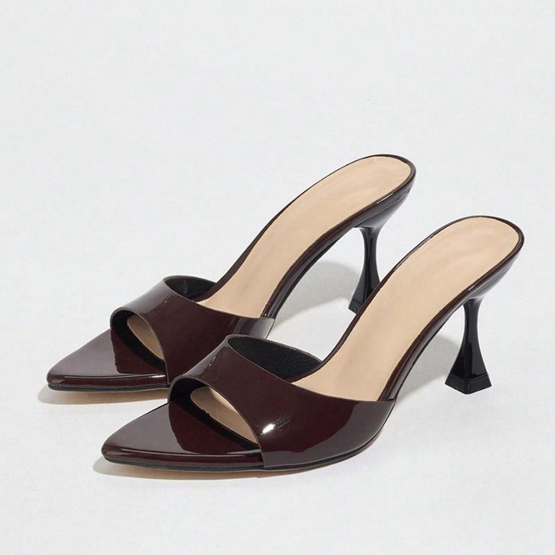 Letní 8CM Neobvyklé Tenké Podpatky Pantofle Pro Ženy Pohodlné Lakovaná Kůže Špičaté Nazouváky Boty Párty Šaty Muly Sandály