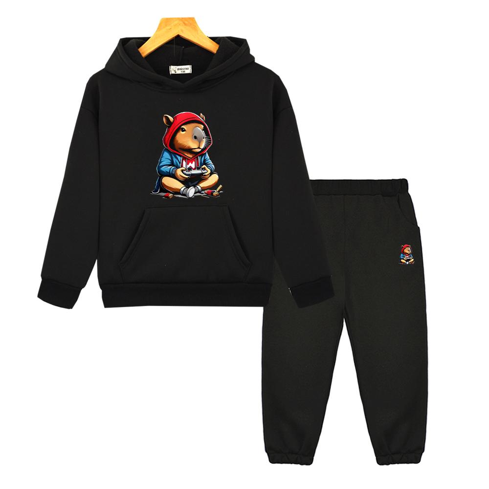 Boys Girls Hooded Spors Sets Capibara Print Hoodie Fleece Sweatshirt Cartoon Jacket 2pcs pullover+Pant  Kids Boutique Clothes