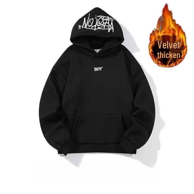 Men's American Style Gradient Letter Embroidery Fleece-Lined Hooded Sweatshirt, Autumn Loose Fit Versatile Casual Hoodie
