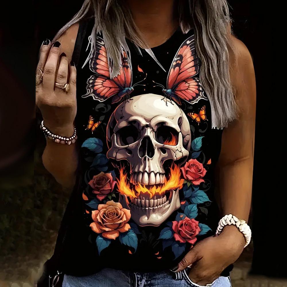 

Модный жилет без рукавов с 3D-принтом в виде черепа, новая повседневная универсальная футболка с круглым вырезом, женская одежда, летние дышащие майки 2024 года M