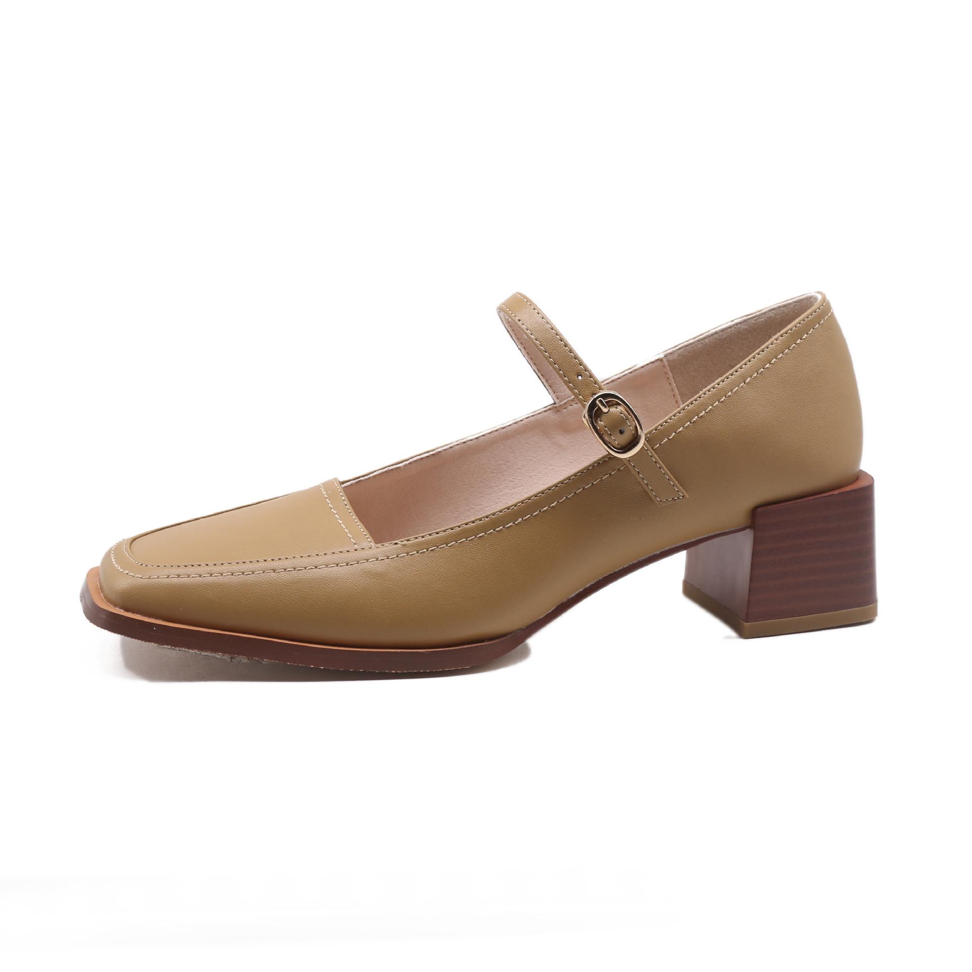 

Туфли-лодочки Мэри Джейн с квадратным носком, женские, сандалии на среднем каблуке с пряжкой, летние и весенние кожаные туфли на каблуках 40 абрикосовый