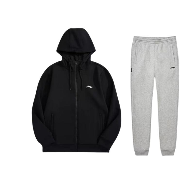 Li Ning Hooded Solid Color Loose Sweatshirt And Elastic Waist Tapered Warm Long Pants Casual Sports Set AWDUH53-1+AKLTC87-2