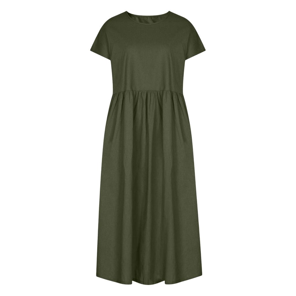 O-Neck Dress For Women Casual Comfy Cotton Linen Short Sleeve Tunic Beach Dresses With Pockets