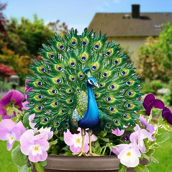 Peacock Garden Stake, 2D Acrylic Peacock Spreading Its Tail Yard Art Stake, Waterproof Outdoor Ornament for Courtyard Lawn Planter Decor