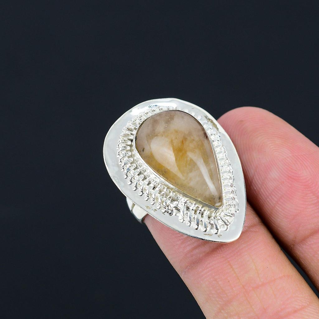Sterling Silver Pear Natural Plume Agate Elegant Statement Ring Jewelry US 6.5