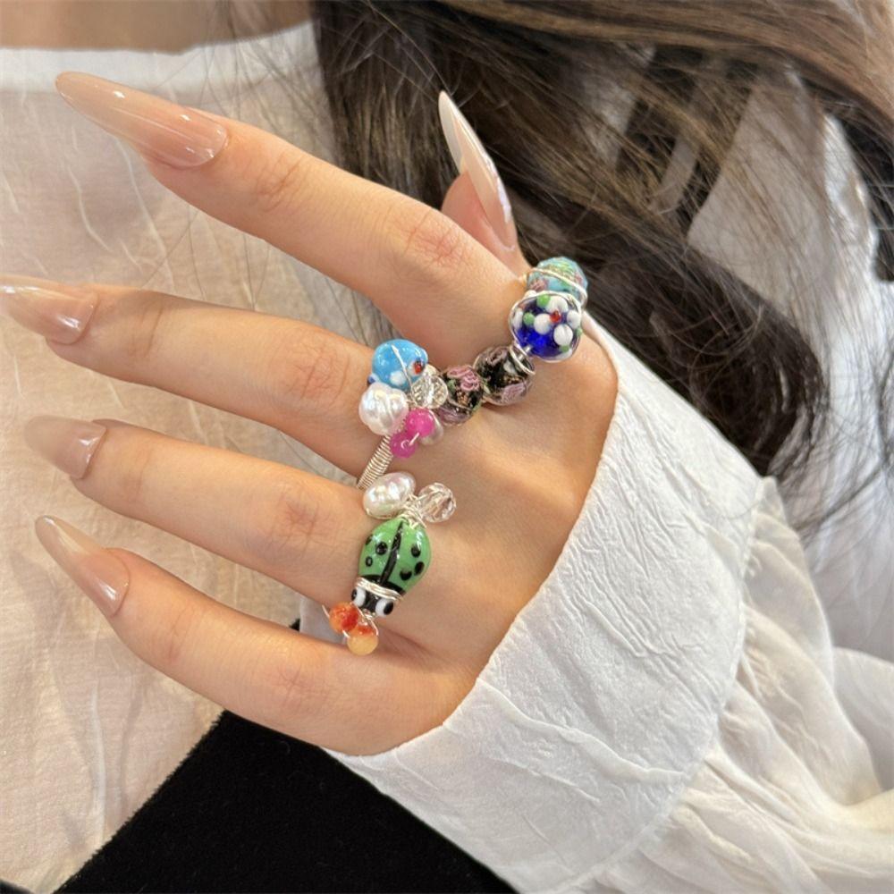 Jewelry Accessories Insect Drip Oil Ring Geometric Enamel Flower Ring Retro Painting Ring  Friend