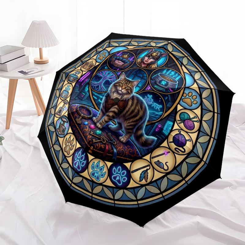 Cat Kingdom Mandala pattern umbrella, portable and foldable design, 8 ribs, a casual accessory for Halloween, Christmas, and birthday gifts.