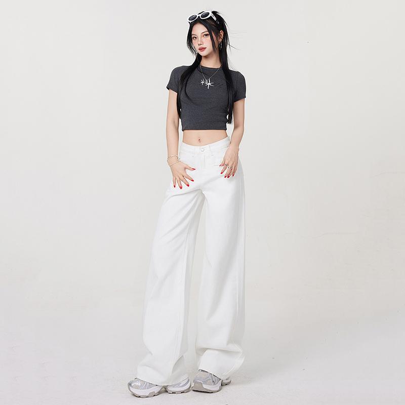 Jeans de Pierna Recta de Cintura Alta para Mujer Pantalones Vaqueros Elásticos de Corte Holgado para Dama Pantalones Blancos Femeninos