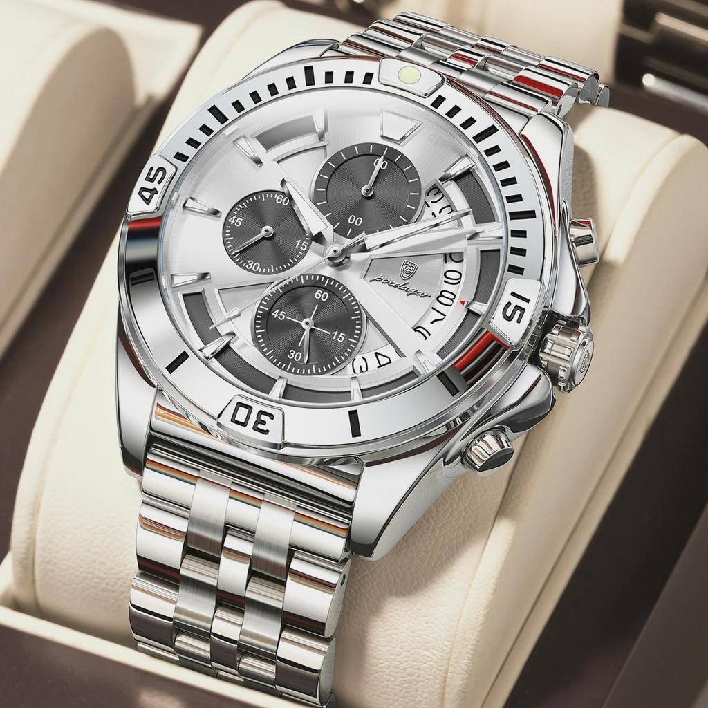 Men Chronograph Watches Stainless Steel Analog Quartz Wrist Watch Waterproof Luminous Date Business Dress Watch for Men
