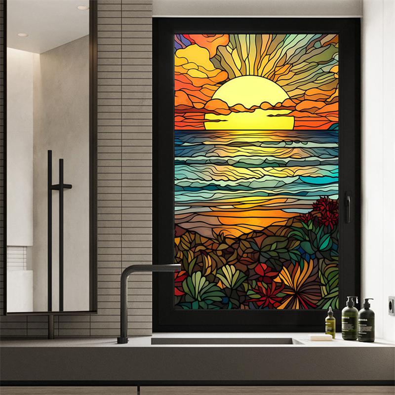 Gebeizte bunte tropische Pflanzenblumen, Ozean-Sonnenaufgang, Fensterglas, statische Aufkleber, entfernbare dekorative PVC-Folie für das Home Office