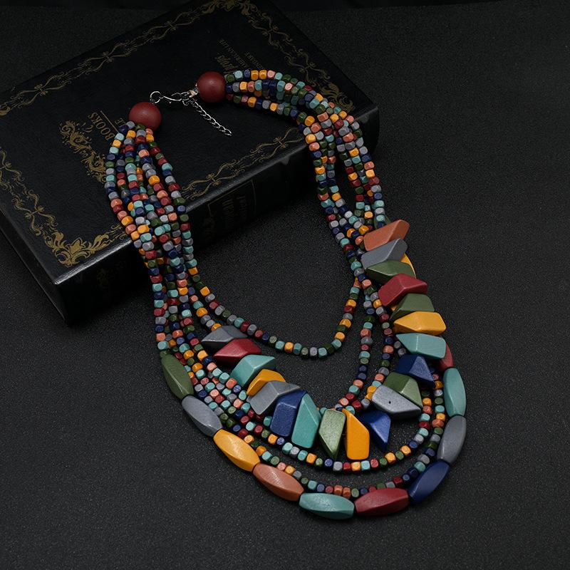 Vintage Morandi color wood bead necklace female personality exaggerated bohemian vacation stage accessories