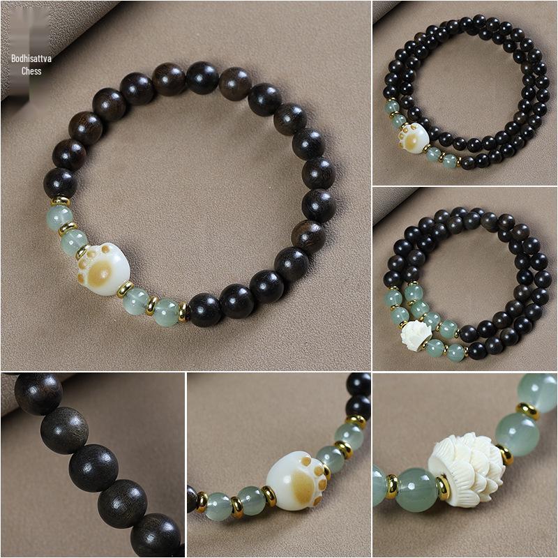 Bodhisattva Agarwood Bracelet: Double Circle Lotus & Cat Paw Beads, Jade Accents, Women's Prayer & Literary Play Accessory