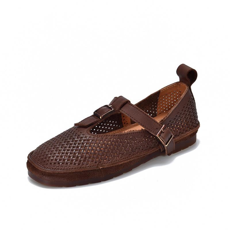 Johnature Retro Genuine Leather Soft Soled Hollow-out Sandals Round Toe Belt Buckle Flat Women's Shoes