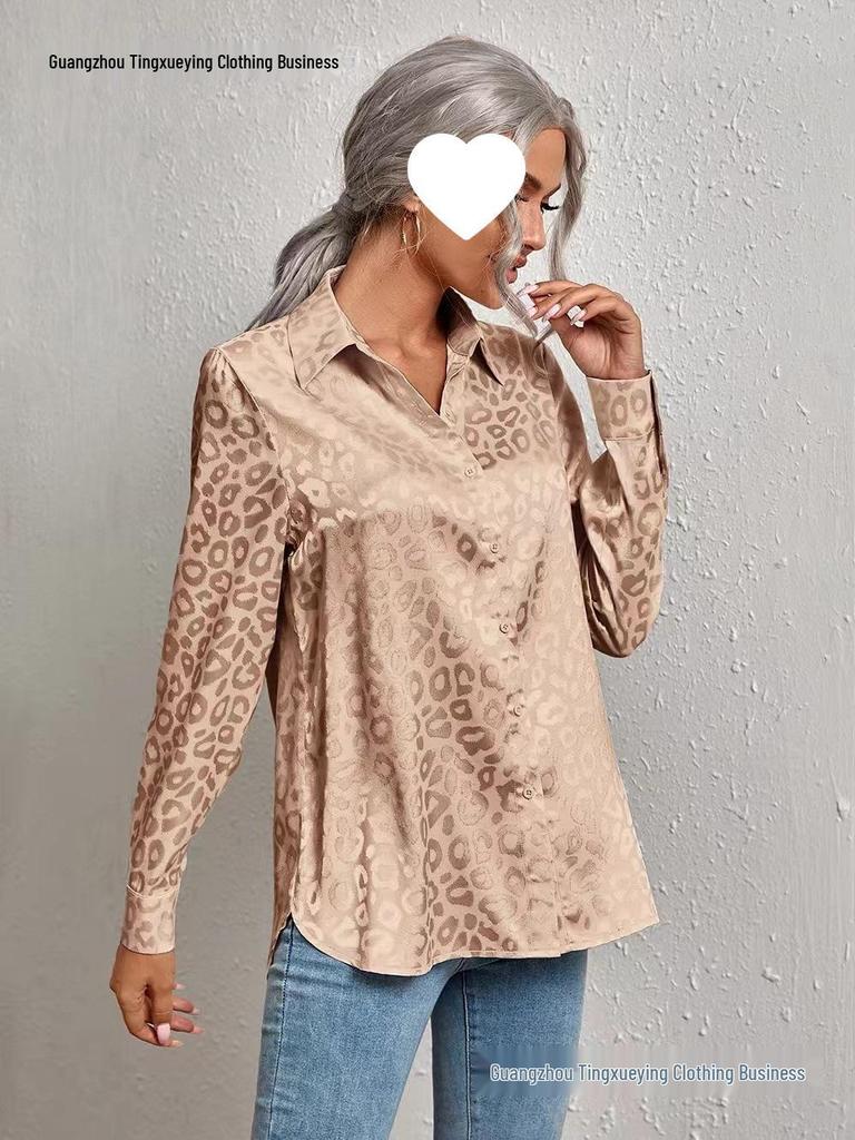 Women's Autumn Elegant Leopard Print Satin Jacquard Long-Sleeve Lapel Shirt
