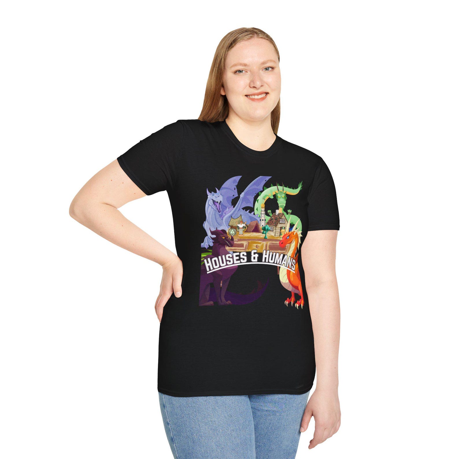 Houses and Humans Unisex Softstyle TShirt with Dragons and Castle Design, Fantasy Lover Gift, Gamer Apparel, Dungeons and Dragons Shirt S