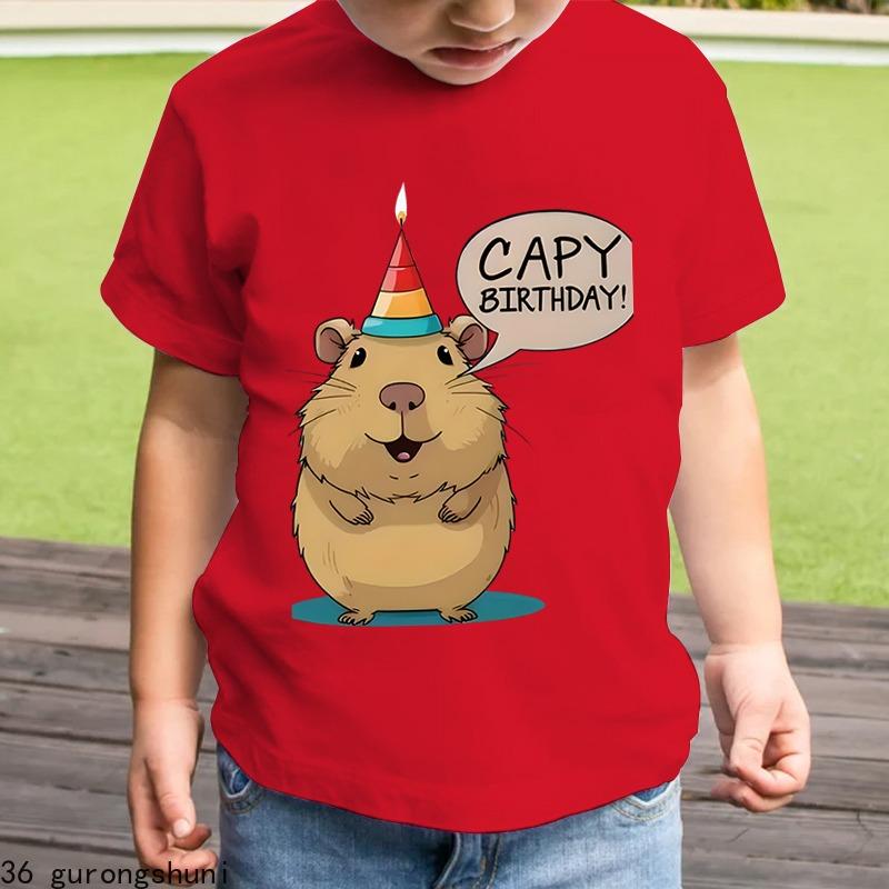 2025 Children's Capybara T-Shirt Kids Short Sleeve Shirt Capy Birthday Print Round Neck Tops Boys Girls Birthday Gift T Shirt