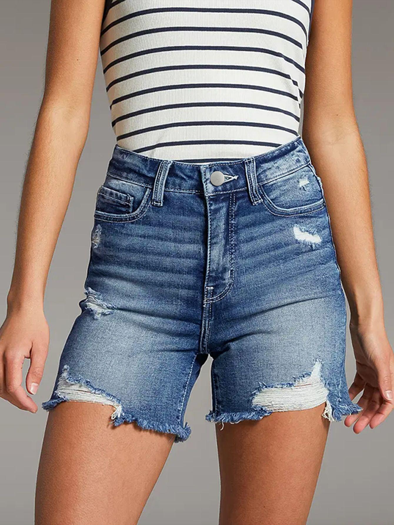 

2025 Women s Mid-Waist Ripped Fashion Jeans Small синий