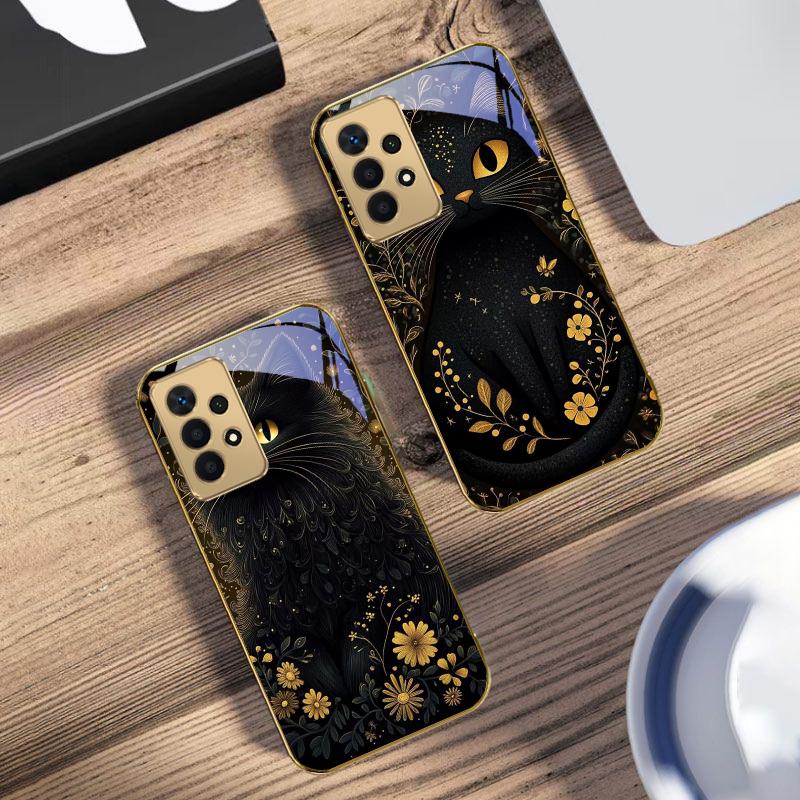 Runde und leuchtende Augen Für Samsung A 01 52S A04 A05S A10 A12 13 22 23 24 36 42 M02 Note 10 20Ultra 8 9 Goldene Glas-Handyhülle