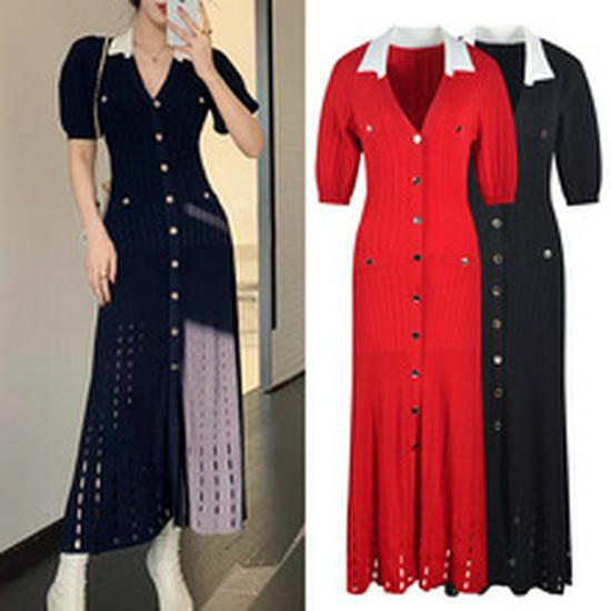 Dámské elegantní letní džínové patchworkové dlouhé šaty, zapínání na knoflíky, kulatý výstřih, pletené šaty